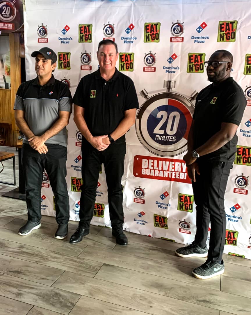 L: R- Othman Sankari, Group Brand Director, Domino's Pizza; Pat McMichael, Group Managing Director and CEO, Eat N'Go and Ilyas Kazeem, Group Marketing Director, Eat N'Go, during the Domino's Pizza Nigeria 20 minutes delivery guaranteed at Ikoyi, Lagos on Wednesday.
