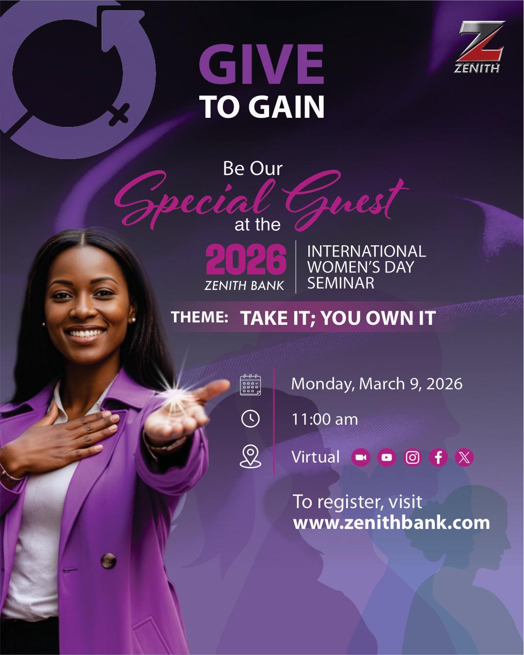 ZENITH BANK SET TO HOST 2026 INTERNATIONAL WOMEN'S DAY SEMINAR TO CHAMPION LEADERSHIP, OWNERSHIP AND COLLECTIVE GROWTH